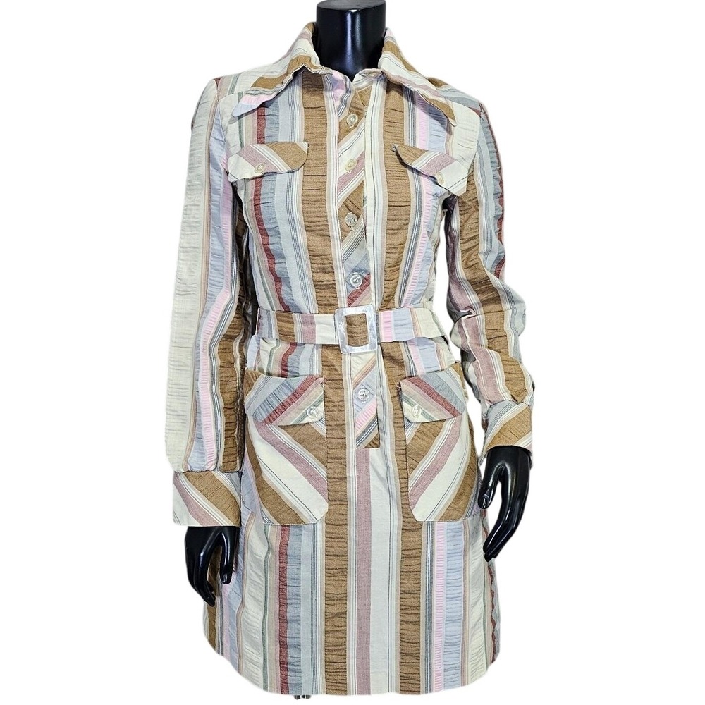 Vintage 70s Mindy Malone Striped Belted Shirt Dress‎ ILGWU Union Made Mod USA
